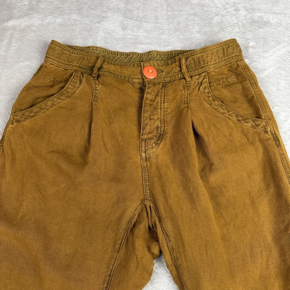 Free People Pants Womens 2 Brown Tencel Linen Pleated‎ Tapered Ankle Tie Boho